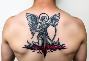 Arch angel Gabriel kneeling with sword and shield on battlefield covered in blood tattoo idea