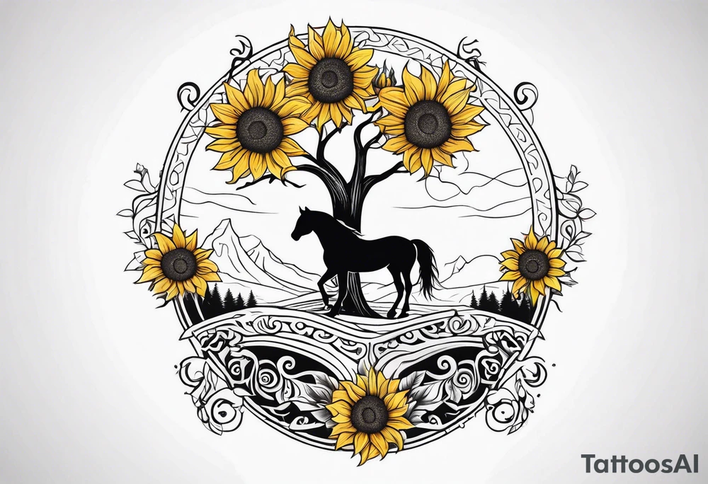 Yggdrasil tree, horse in front of it, and sunflowers tattoo idea
