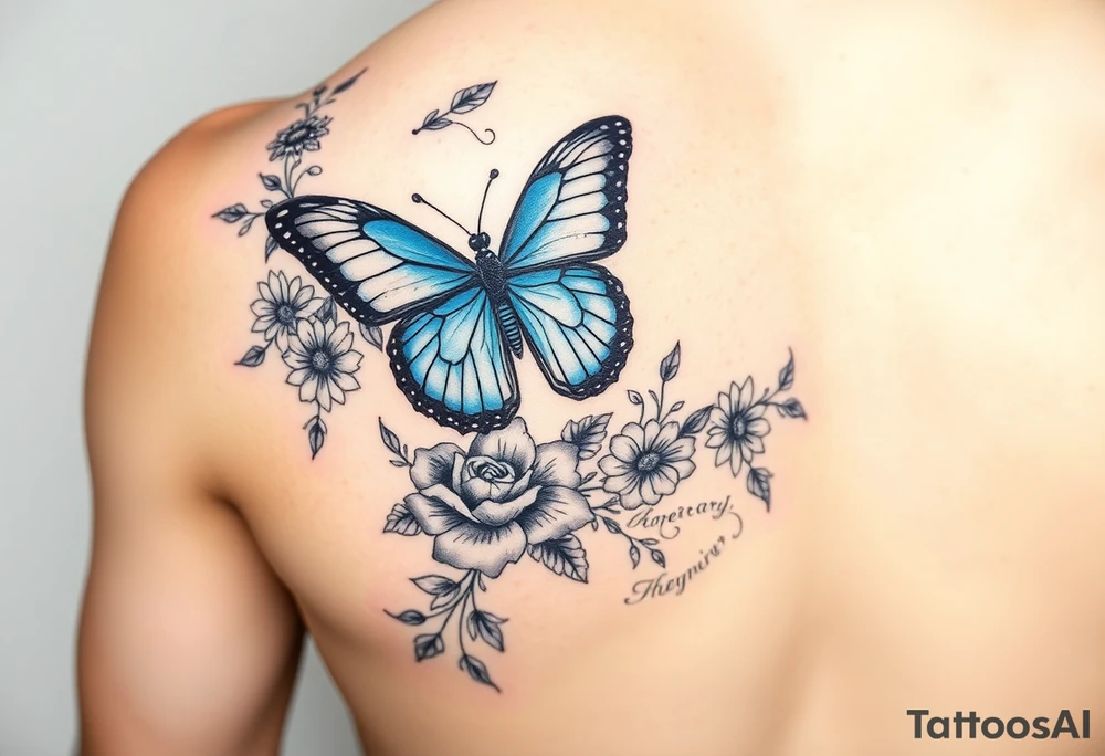 Sleeve/ floral with vines roses and daises large bright blue monarch in center of forearm with floral extending from wrist to mid bicep children’s names written with vines “ amber, Zachary, Justin, Harper, Vivian “ ARM SLEEVE tattoo idea