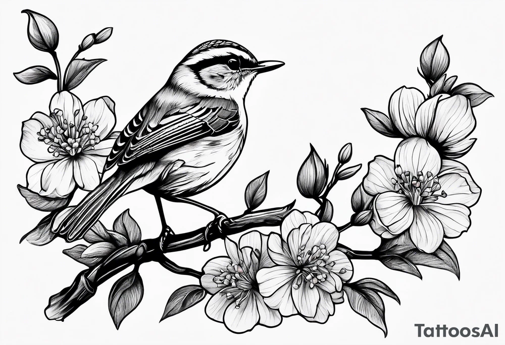 Create a delicate tattoo of a wren nestled among blossoms, highlighting its small size and charming features tattoo idea