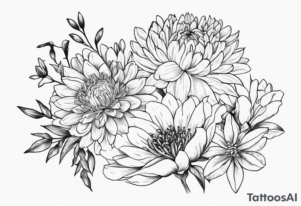 Asters, roses, lily, and chrysanthemums sleeve tattoo idea
