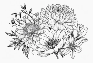 Asters, roses, lily, and chrysanthemums sleeve tattoo idea