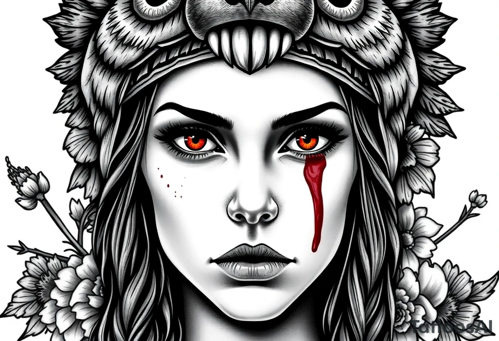 Young Symmetrical Beautiful Woman, looking forward, with colored eyes, shedding a tear, with battle scars and blood on face, with soft look, wearing a mean looking bear headdress on head, with dead flower background tattoo idea