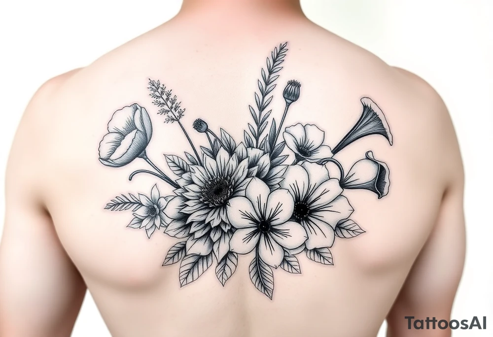 poppy, gladiolus, holly, narcissistic, poinsettia, daisy, and sweet pea flowers in a Bouquet tattoo idea