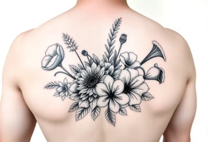 poppy, gladiolus, holly, narcissistic, poinsettia, daisy, and sweet pea flowers in a Bouquet tattoo idea
