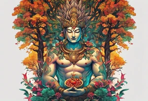 The deity Pan is surrounded by a tree, which represents a portal to another world . the pan  is a natur god tattoo idea