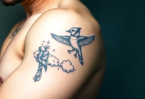 Bluejay, clouds, shining light to or from heaven tattoo idea