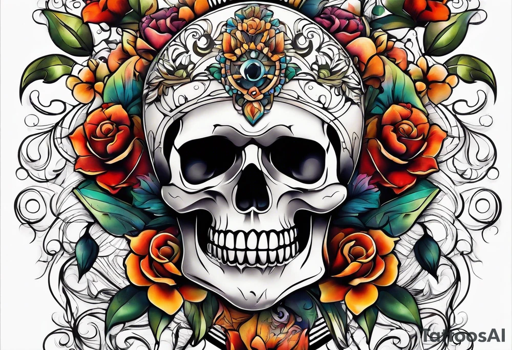 front knee tattoo with flowers & skulls, swirls & water washes, background washes tattoo idea