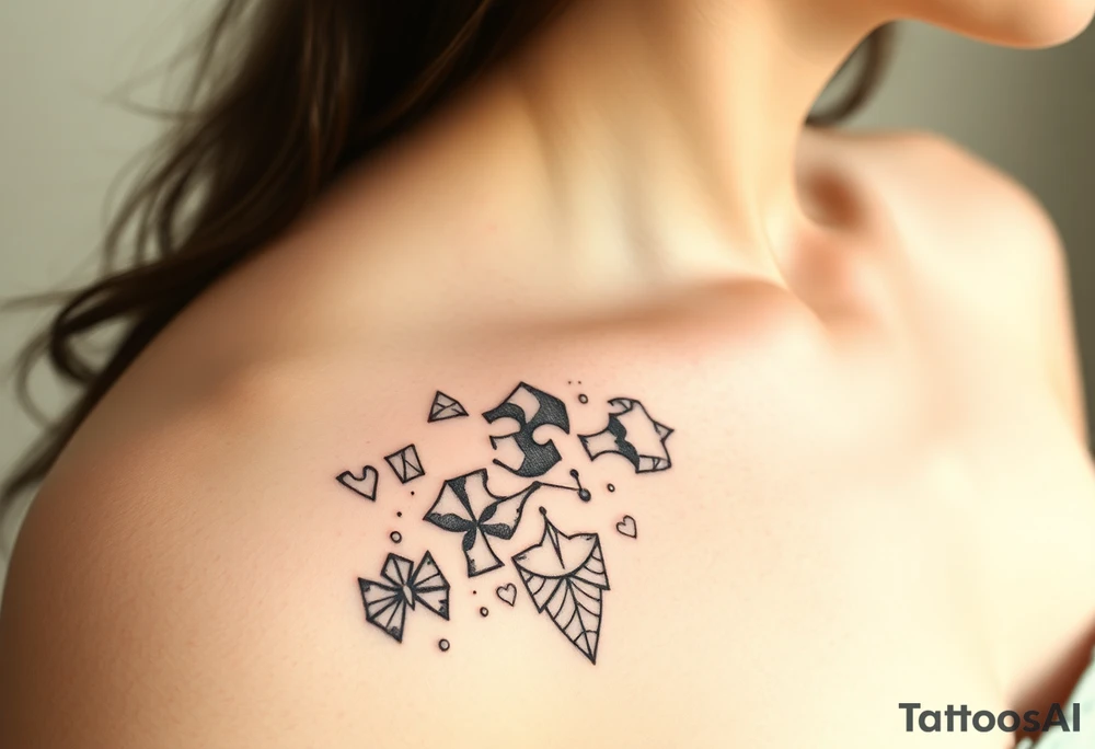 Can you design me a tattoo that represents a woman whose life has been shattered by broken trust, infidelitty, and alcoholism. But everyday she’s working at putting the pieces back together and is held together by her son, and hope for the future tattoo idea