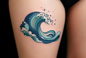 A gradient wave blends deep indigo to seafoam green along the ribs, with geometric patterns. tattoo idea