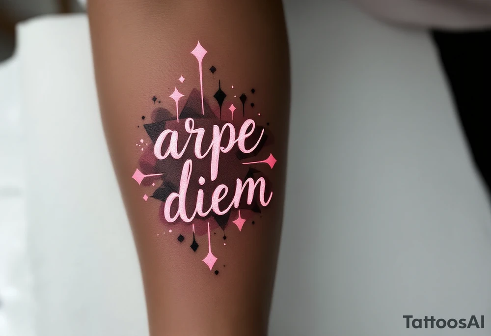 Pink ink lettering "arpe diem" on darker skin, glowing subtly like chalk on a blackboard, surrounded by geometric shapes. tattoo idea