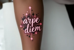 Pink ink lettering "arpe diem" on darker skin, glowing subtly like chalk on a blackboard, surrounded by geometric shapes. tattoo idea