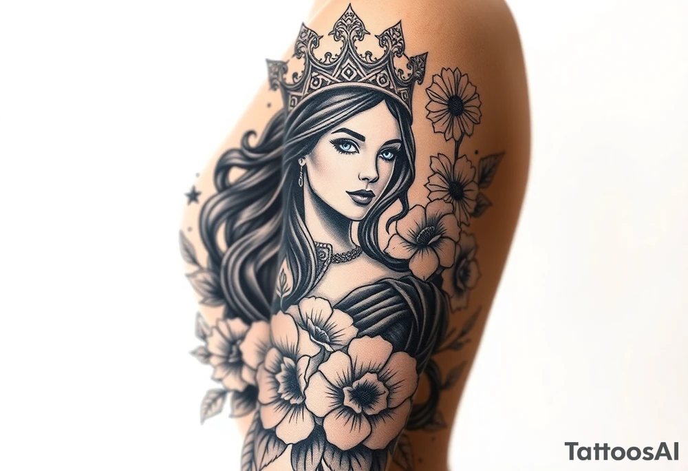 Powerful black queen surrounded by angles in a bed of flowers tattoo idea