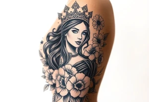 Powerful black queen surrounded by angles in a bed of flowers tattoo idea