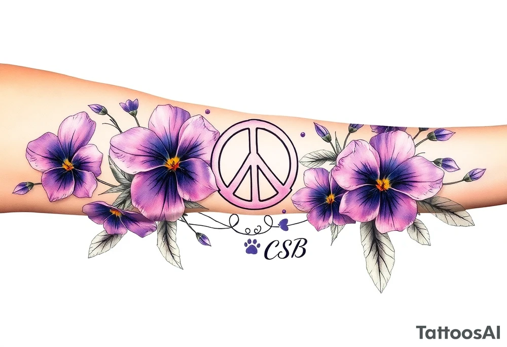 Violets, peace symbol, Pisces symbol, dog prints, amethyst, initials csb in cursive font tattoo idea