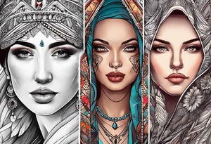 Three women's faces next to each other. The woman on the left a young woman18yo, the middle  is a mother40 yo the right is a grandmother 70yo tattoo idea