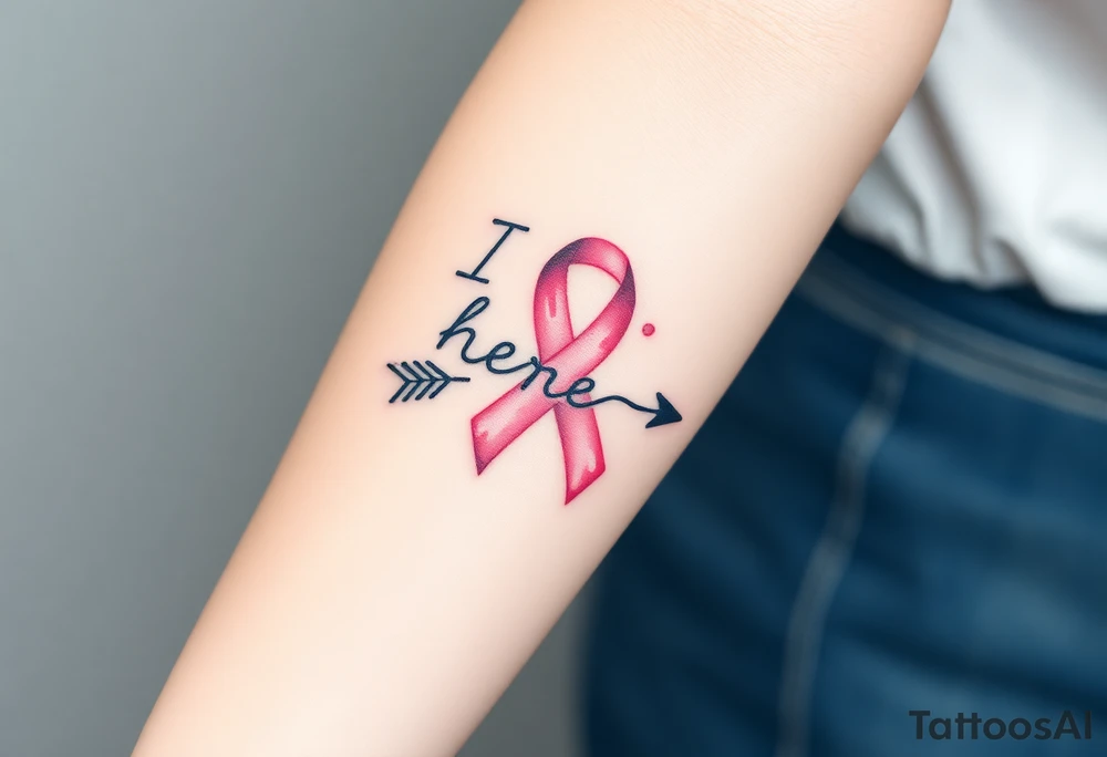 ‘I am here’ with breast cancer pink ribbon arrow tattoo idea