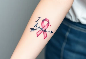 ‘I am here’ with breast cancer pink ribbon arrow tattoo idea