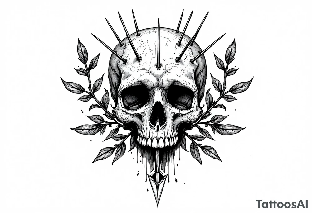 a sad skull whose head  stand out by needles and under the head come down an  arrow and surrounded  by two olive tree leaf around tattoo idea