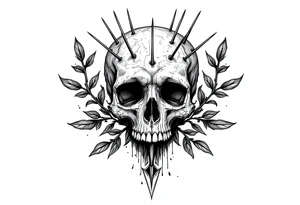 a sad skull whose head  stand out by needles and under the head come down an  arrow and surrounded  by two olive tree leaf around tattoo idea