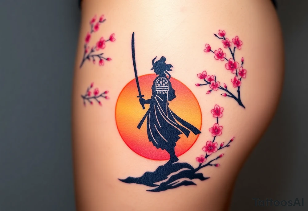 noble samurai warrior silhouette at sunset with cherry blossoms tattoo idea