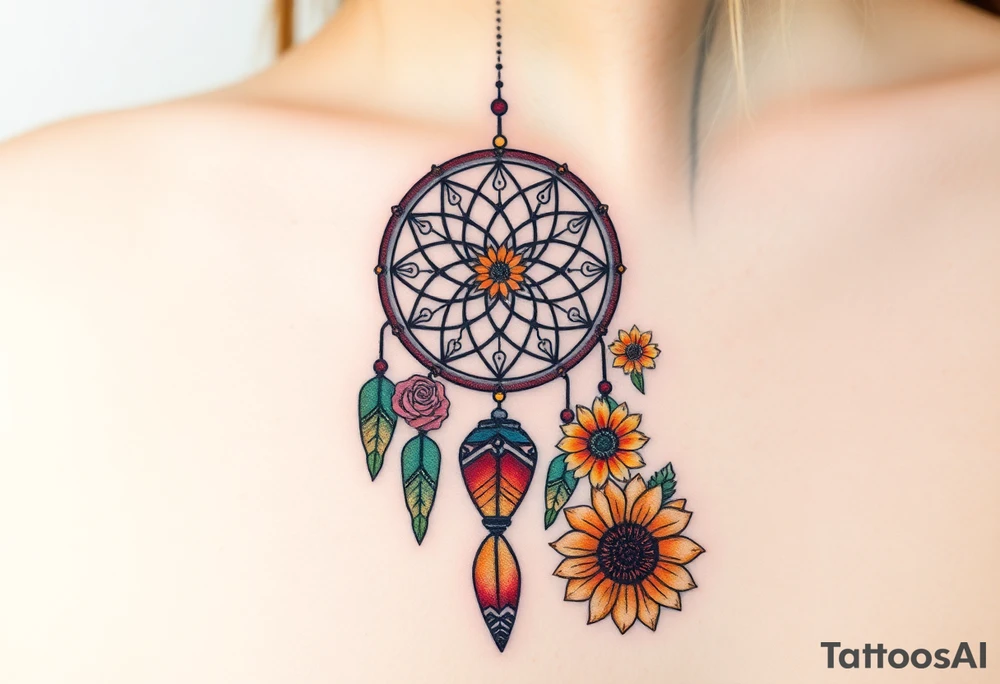 Dreamcatcher with zodiac symbols and protection runes caught in it with tigerlillies roses and sunflowers tattoo idea
