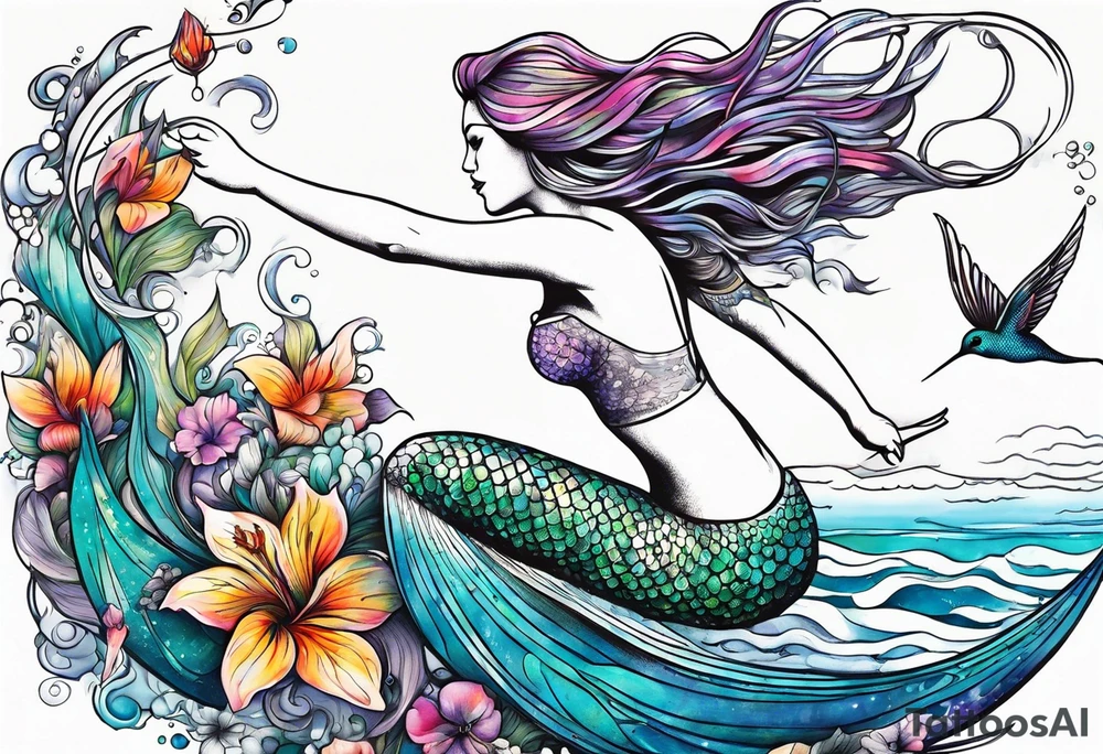 Mermaid jumping out of water to touch a hummingbird tattoo idea