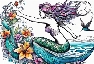 Mermaid jumping out of water to touch a hummingbird tattoo idea