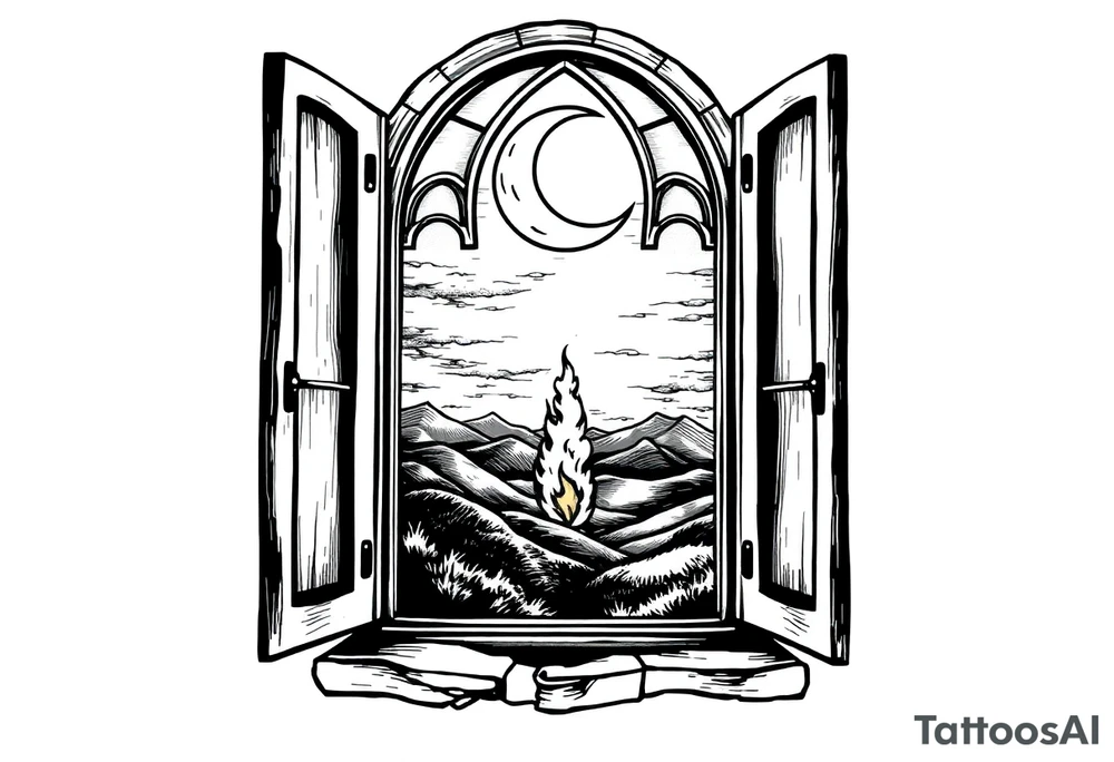 Tall church window with stained glass showcasing crescent moon over a hilly landscape as a fire burns in the distance tattoo idea