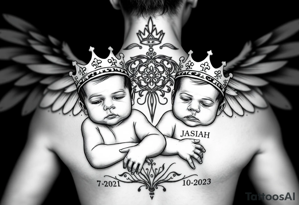 powerful beautiful realistic Women Angel with 2 baby boys one slightly older then the other  both boys wearki g king crowns with the names JOSIAH  and under name JOSIAH  romen numerals 7-06-2021 & the other younger baby in his crown saying ADIAN and under his name 3-10-2023 in romen numerals with women angel hugging both of the 2 baby  boys with both tattoo idea