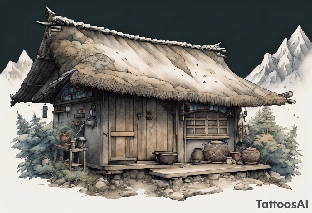 a hut in the mountains by Akihiko Yoshida tattoo idea