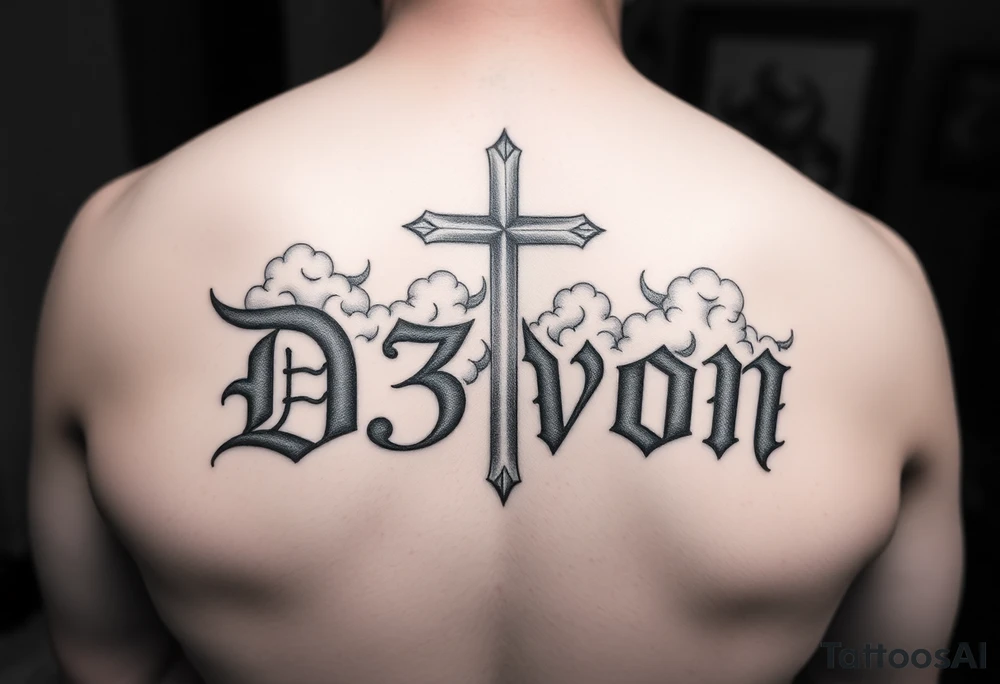 The name D3von with a cross behind it and clouds above it tattoo idea