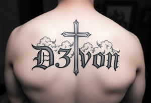 The name D3von with a cross behind it and clouds above it tattoo idea