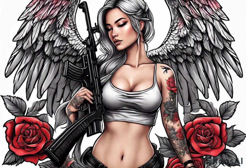 Beautiful angle standing from head to toe  with wings and tattoos surrounded by roses holding a ak 47 tattoo idea