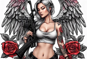 Beautiful angle standing from head to toe  with wings and tattoos surrounded by roses holding a ak 47 tattoo idea