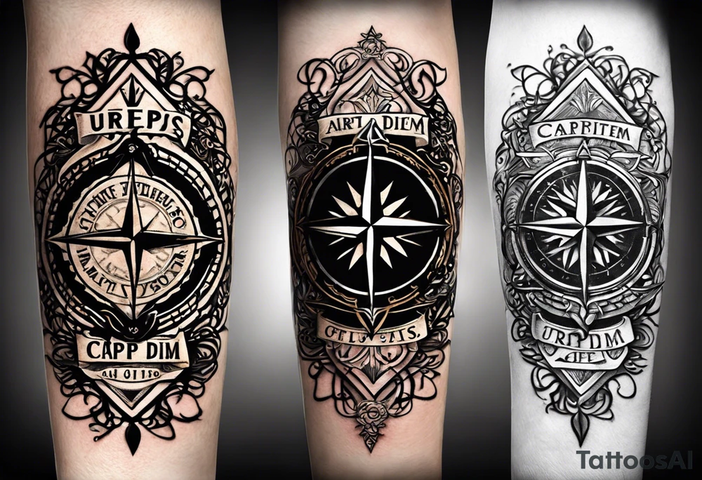 Create a tattoo design for a forearm that complements an existing 'carpe diem' scripted tattoo. The design should incorporate elements that symbolize the journey of life, achievements, and personal growth. Consider including symbols like a compass, the scales of justice, or abstract linework that represents life’s ups and downs. The style should be elegant, with a balance between detailed and minimalistic elements, ensuring it flows naturally with the existing tattoo. tattoo idea