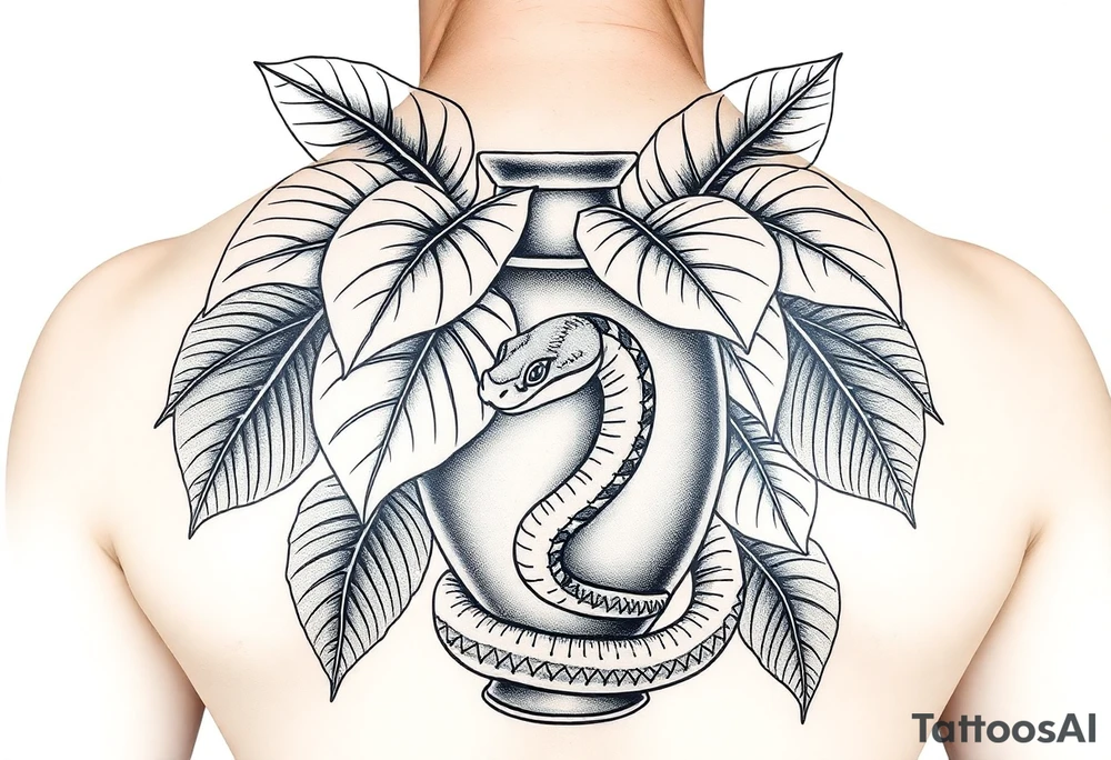 Large Decorative ornamental
 vase with large philodendron leaves with a snake wrapped around showing the head of the  snake in color tattoo idea