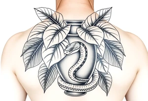 Large Decorative ornamental
 vase with large philodendron leaves with a snake wrapped around showing the head of the  snake in color tattoo idea