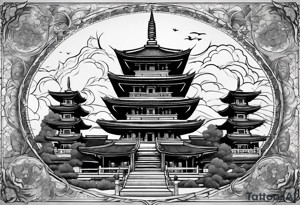a old world map as the background with a small Buddhist temple at the bottom tattoo idea