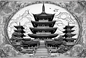 a old world map as the background with a small Buddhist temple at the bottom tattoo idea