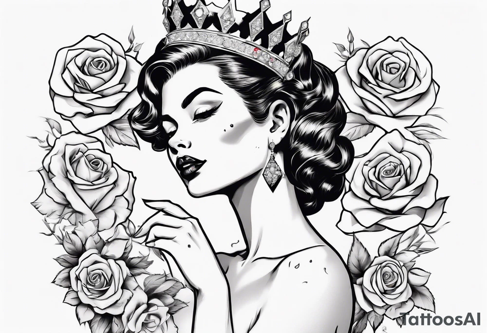 pin-up style queen looking to the side wearing a crown and surrounded by rose flowers, with a diamond in her hand tattoo idea