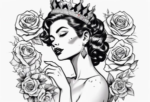 pin-up style queen looking to the side wearing a crown and surrounded by rose flowers, with a diamond in her hand tattoo idea