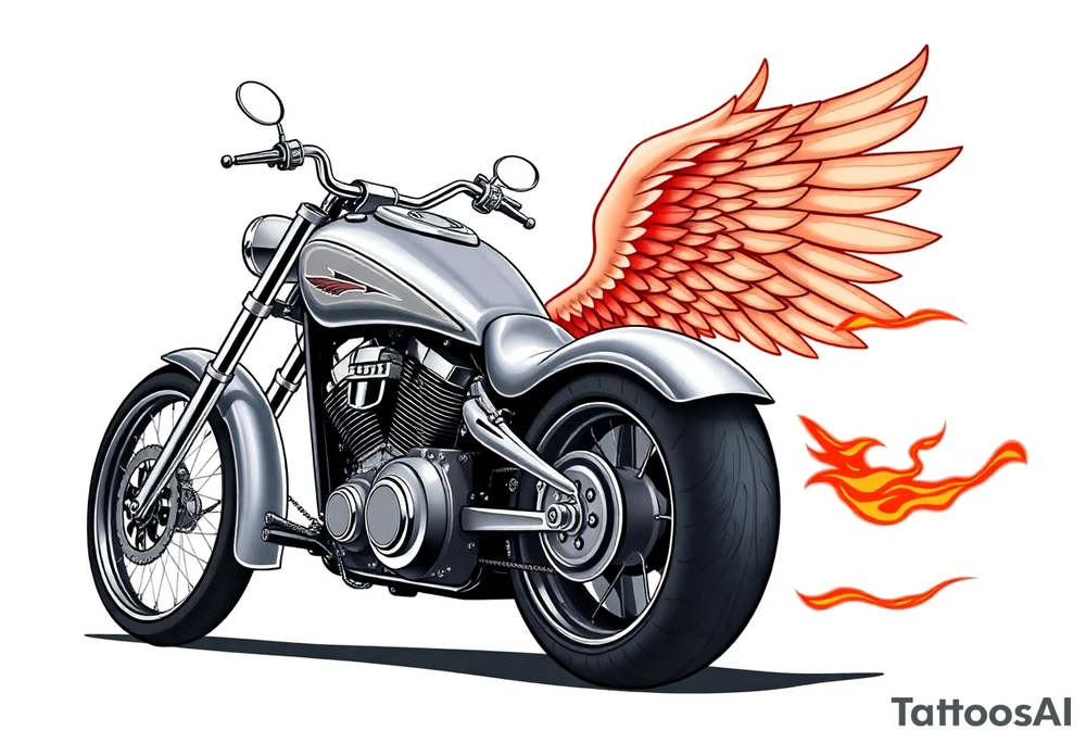 Low rider grey motorcycle, big muffler pipes with flames, angel wings, driving away, no person tattoo idea
