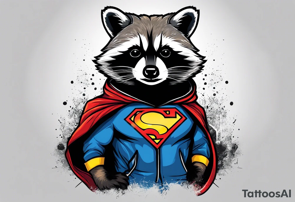 raccoon wearing a Superman hoodie tattoo idea