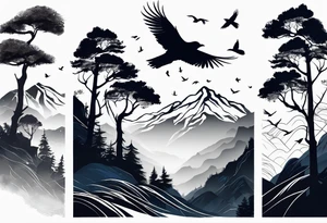 A mountain scape with trees. 5 silhouettes of birds. tattoo idea