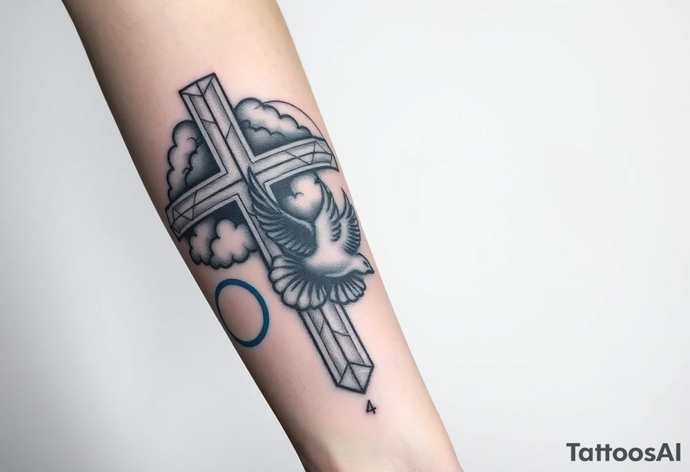 Big cross with clouds in the back everywhere  with a dove a the bottom left of the forearm with a blue circle ring it and the number 4 to the of the dove. cover the whole forearm tattoo idea