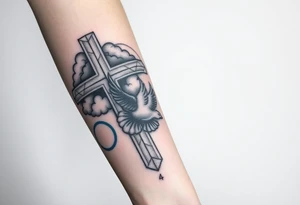 Big cross with clouds in the back everywhere  with a dove a the bottom left of the forearm with a blue circle ring it and the number 4 to the of the dove. cover the whole forearm tattoo idea
