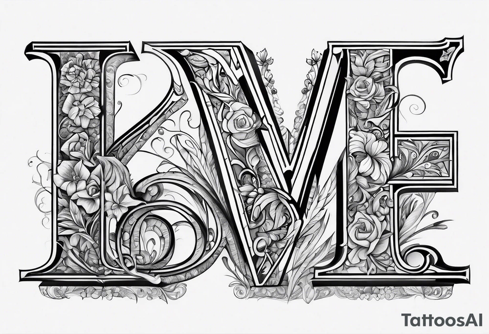 the word LOVE WITH EACH LETTER STANDING FOR LOYALTY OUT VALUES EVERYTHING tattoo idea