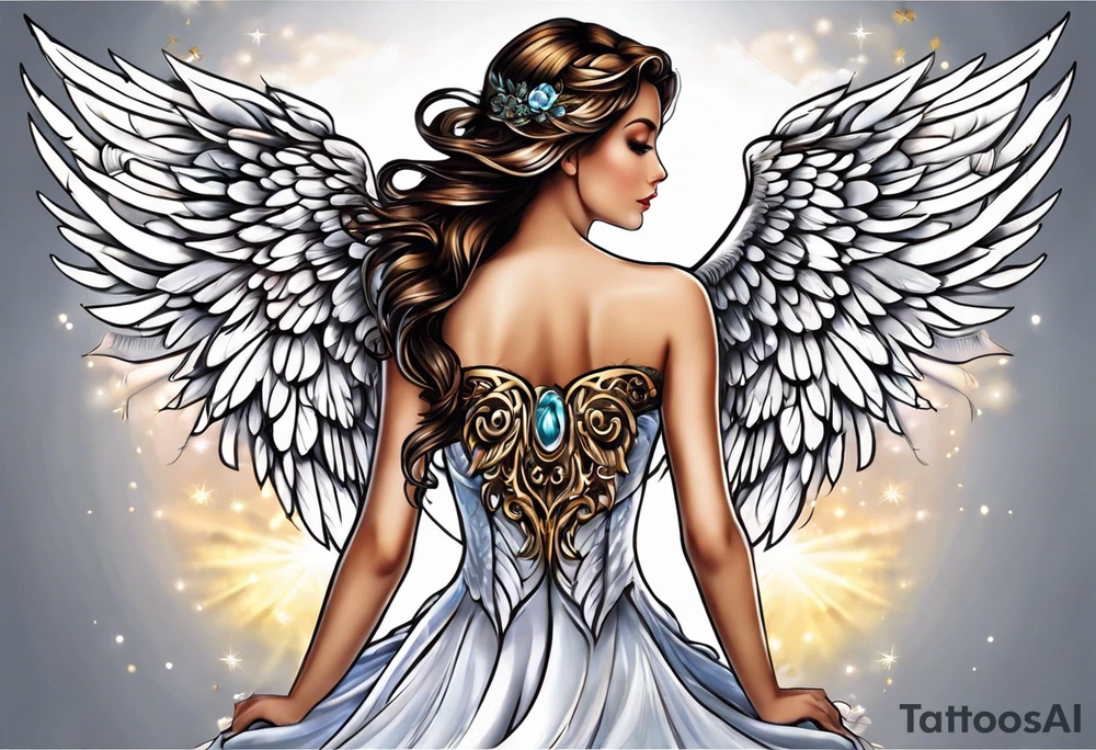 beautiful angel wings. with flilgree in the background tattoo idea