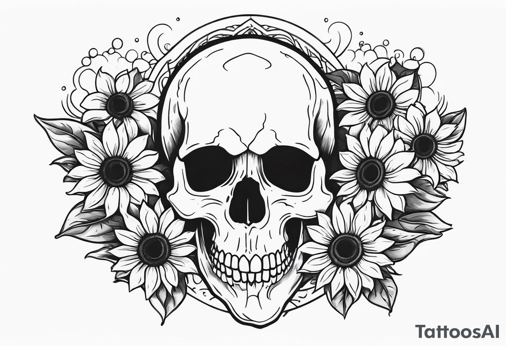 skull surrounded by sunflowers tattoo idea